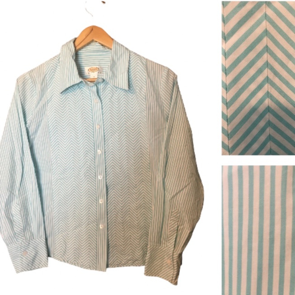 Vintage Talbots cotton turquoise Chevron and Stripe button down top